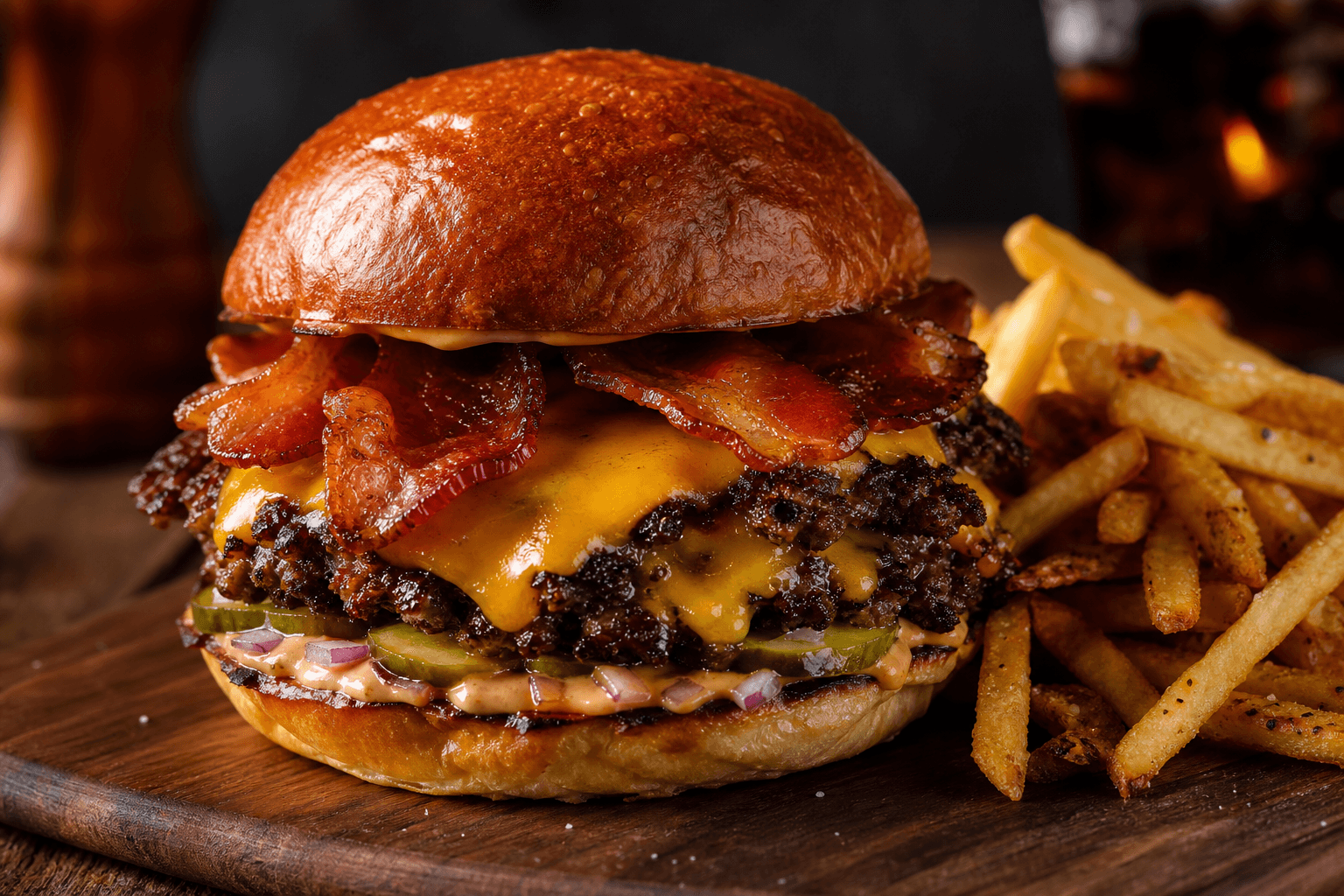 Bacon smash burger with melted cheese and fries