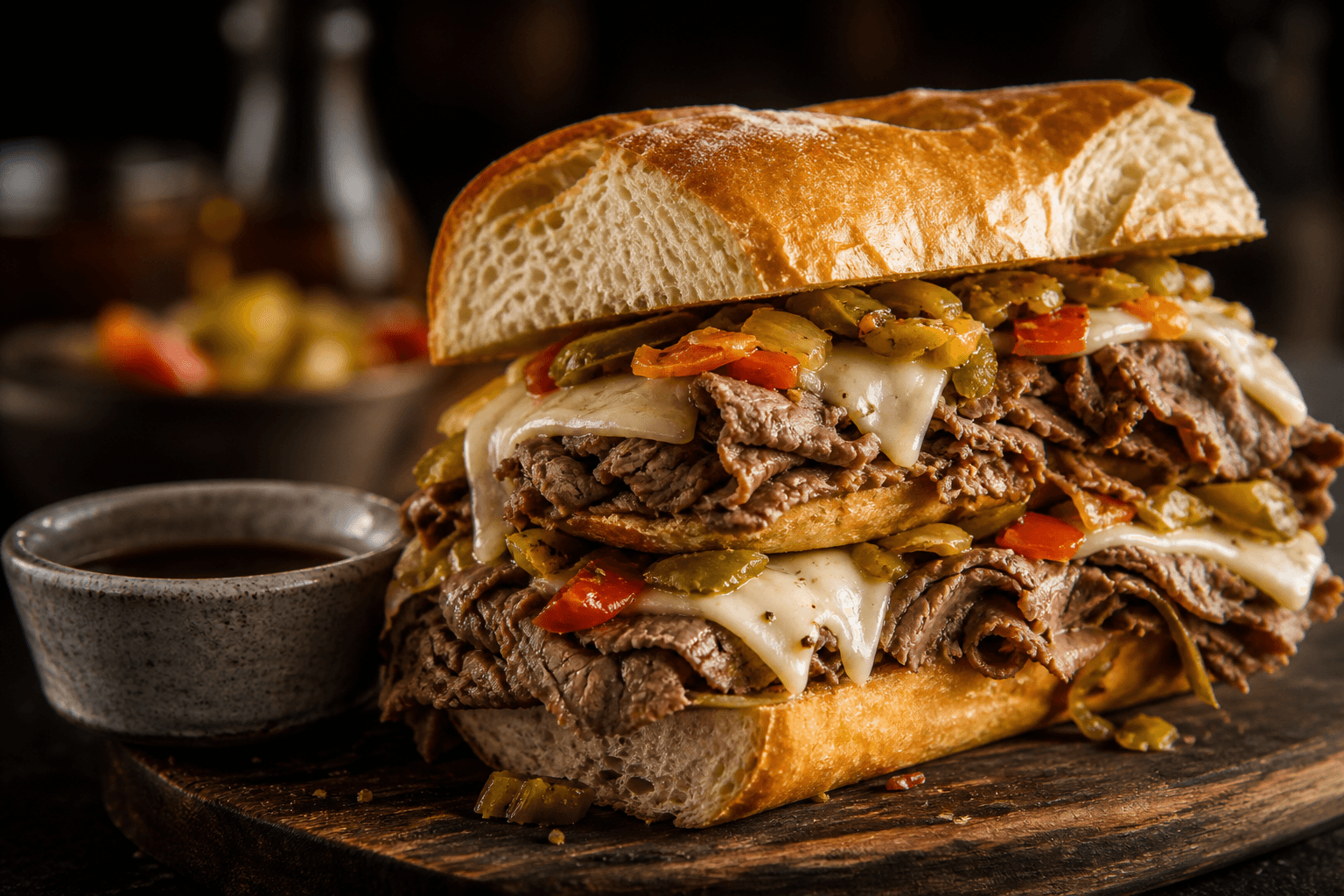 Stacked Italian beef specialty sandwich with au jus