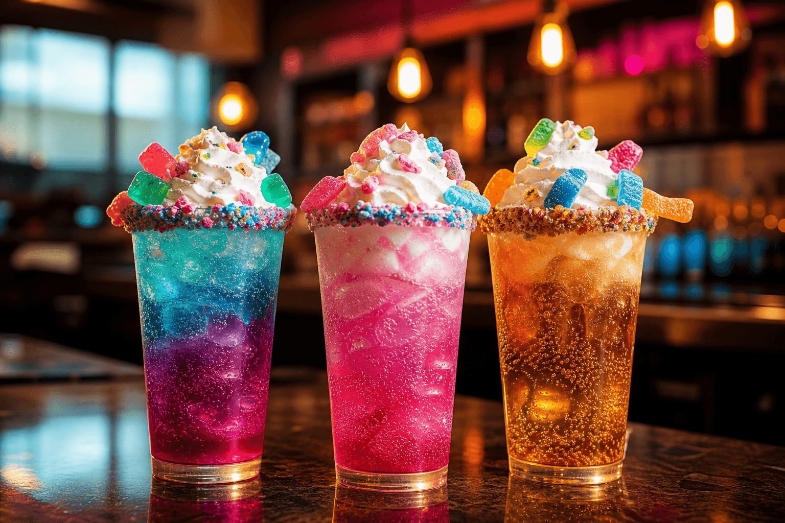 Colorful dirty sodas with candy rims at the soda bar