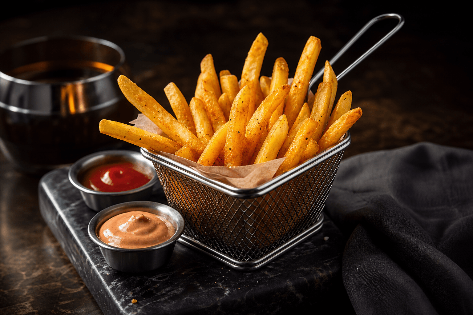 Golden French fries in a premium metal basket