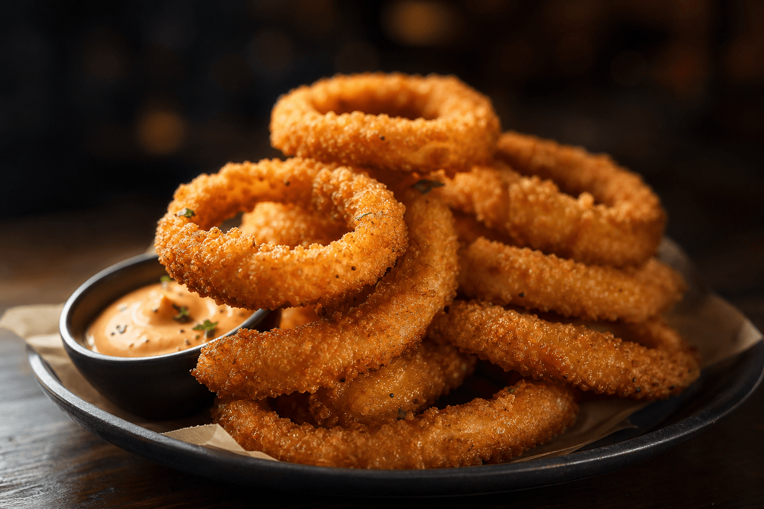 Stacked crispy onion rings with dipping sauce