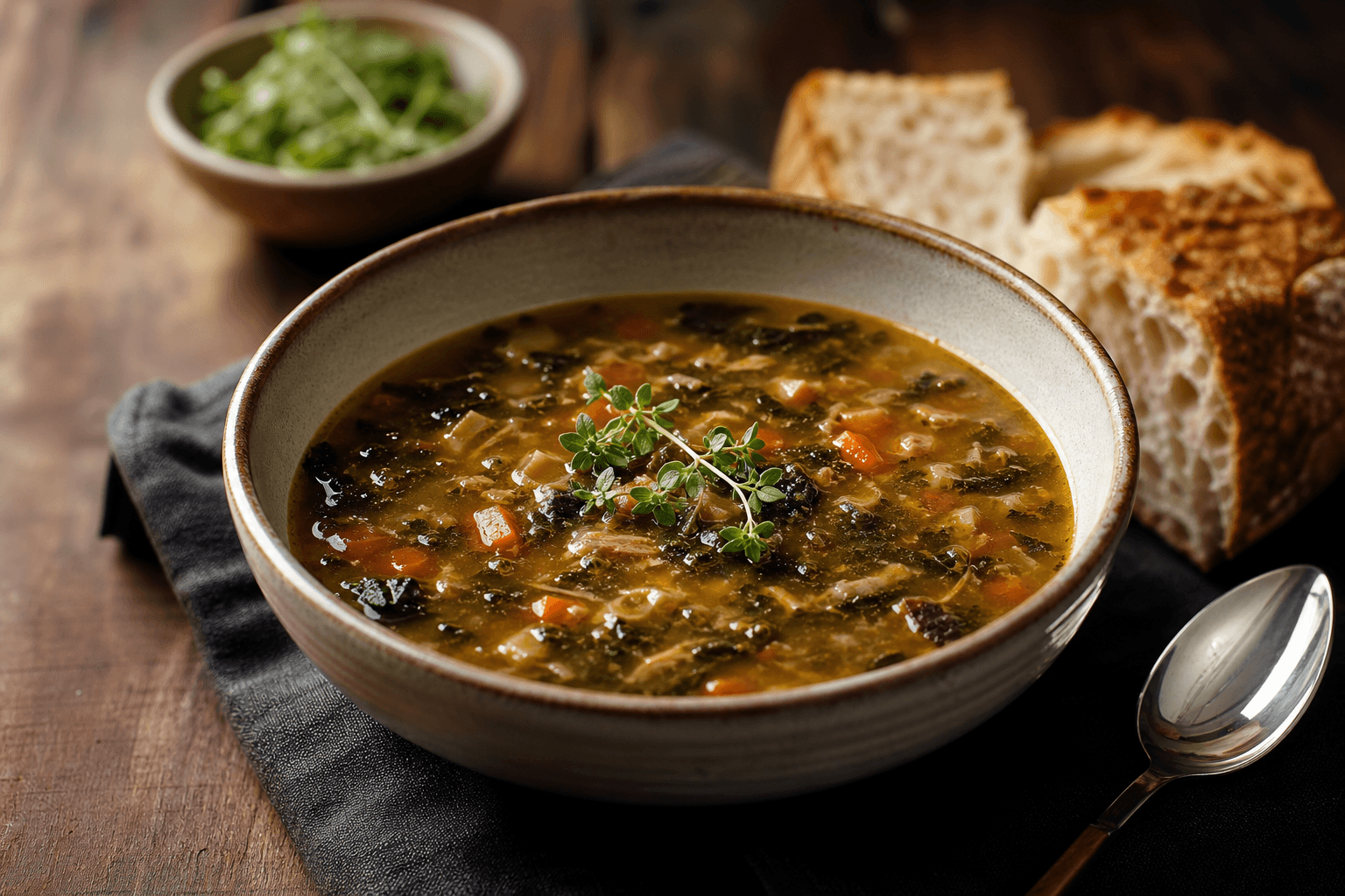 Fresh homemade soup in a ceramic bowl with artisan bread