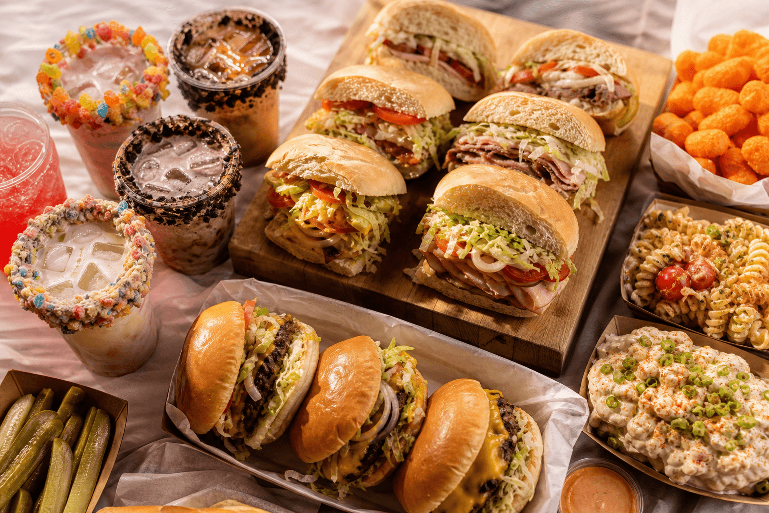 Premium catering spread with sandwiches, burgers, and dirty sodas