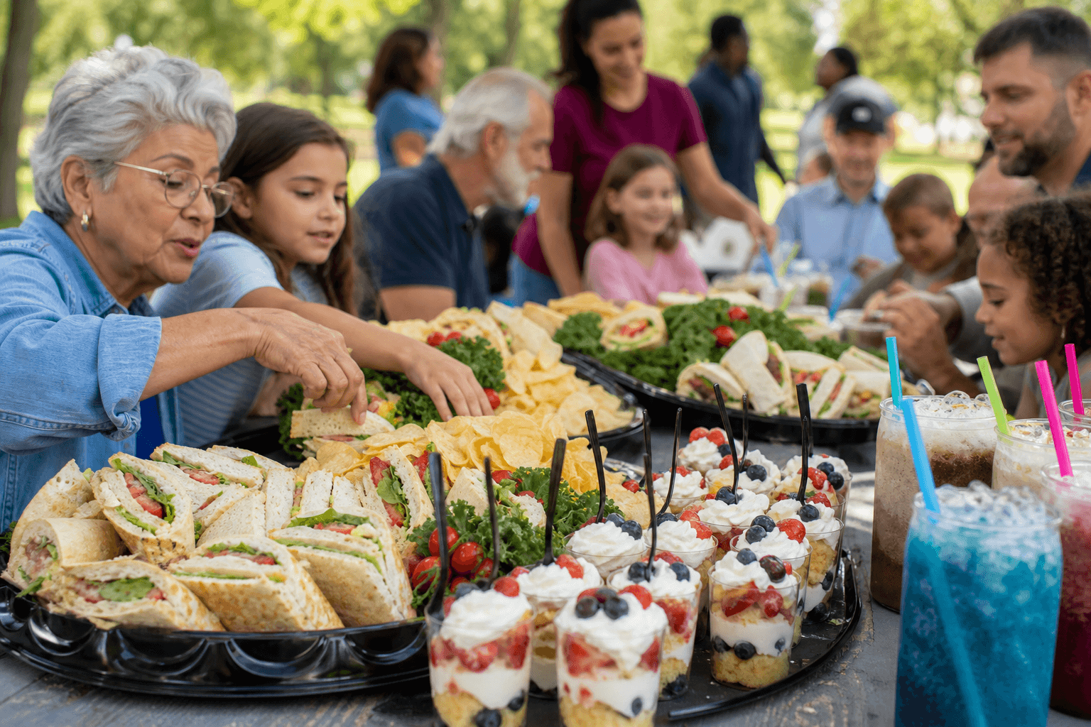 Family reunion outdoor catering with sandwiches and desserts