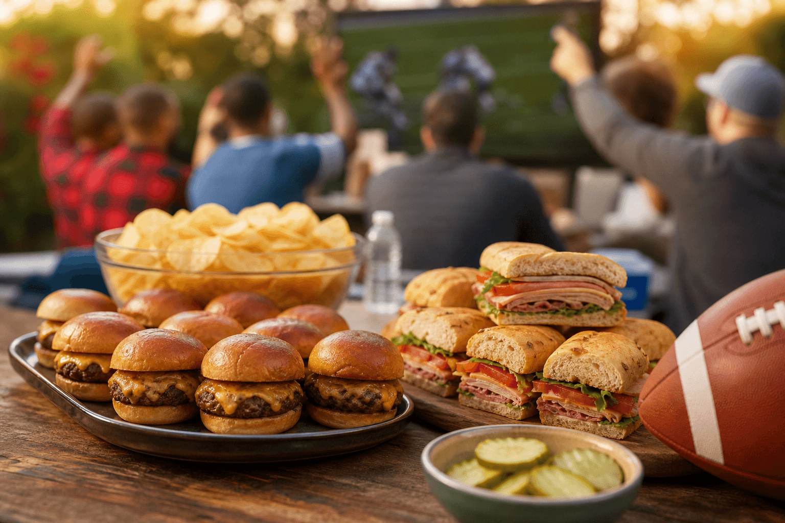 Game day catering spread with burger sliders, subs, and chips — no alcohol