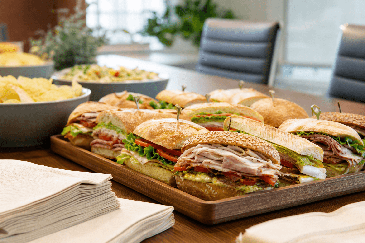 Office lunch catering spread with sandwich trays on a conference table