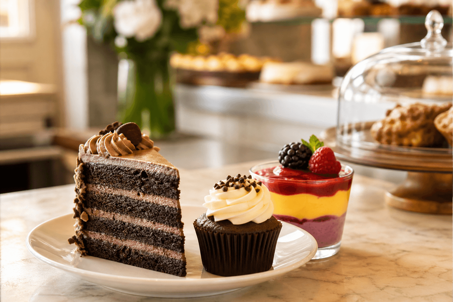 Chocolate layer cake slice with a frosted cupcake