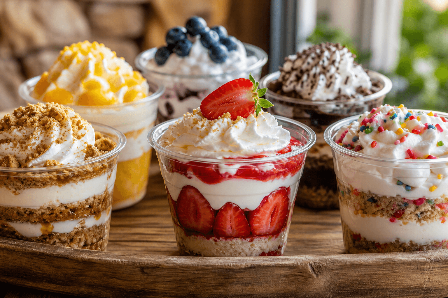Colorful layered dessert cups with whipped cream and toppings