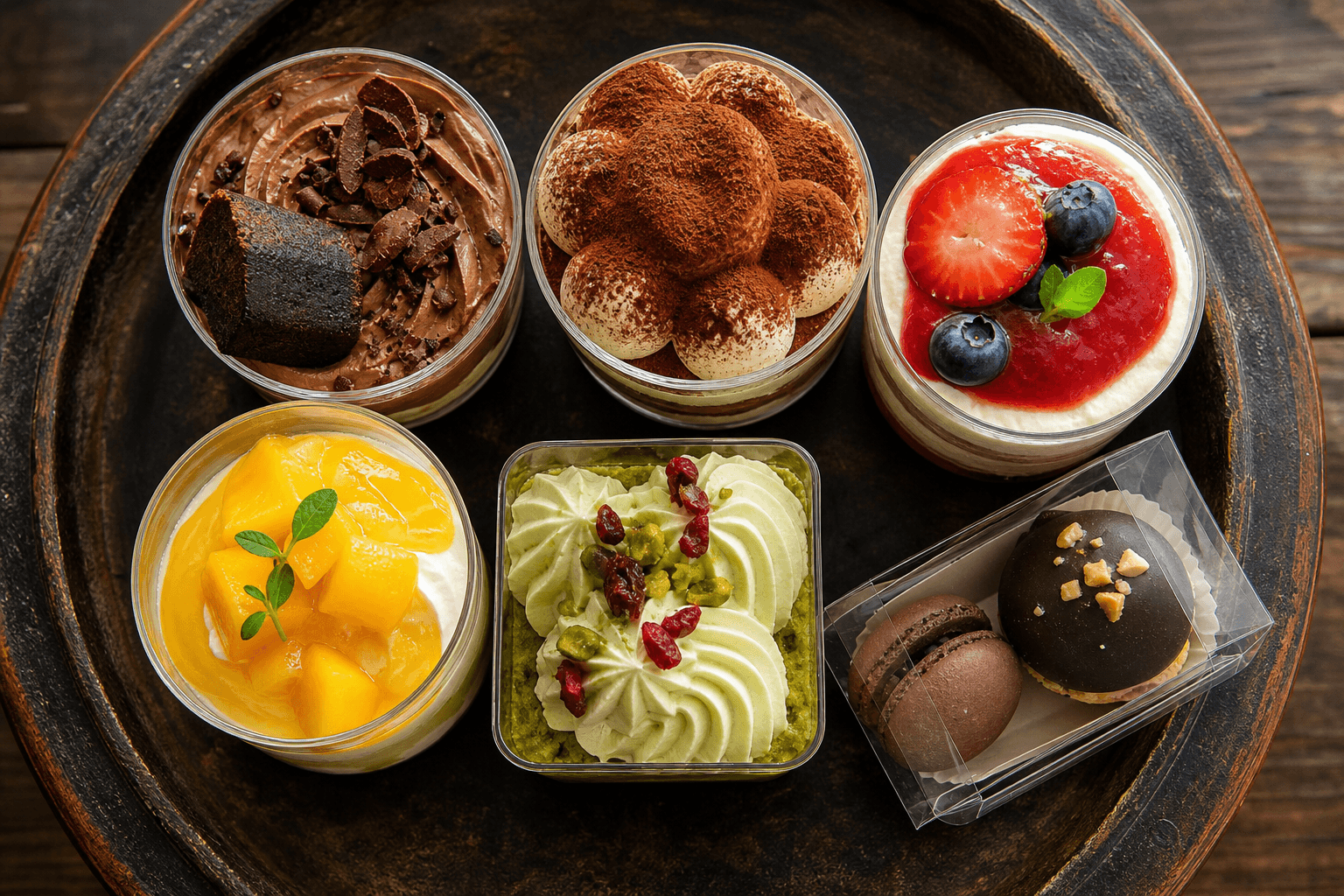 Assorted dessert cups packaged to go on a rustic tray