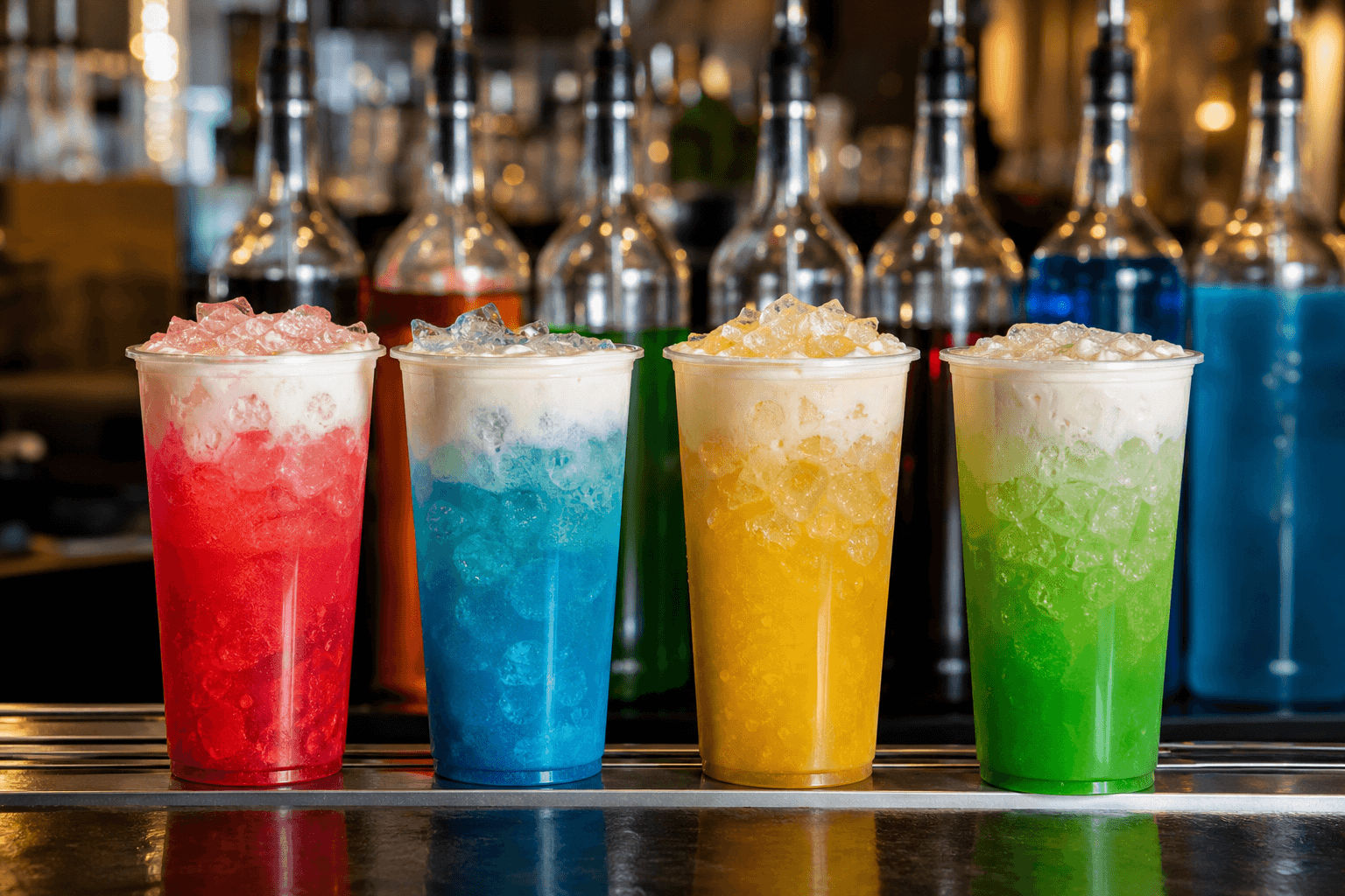 Assorted dirty sodas lined up at the soda bar