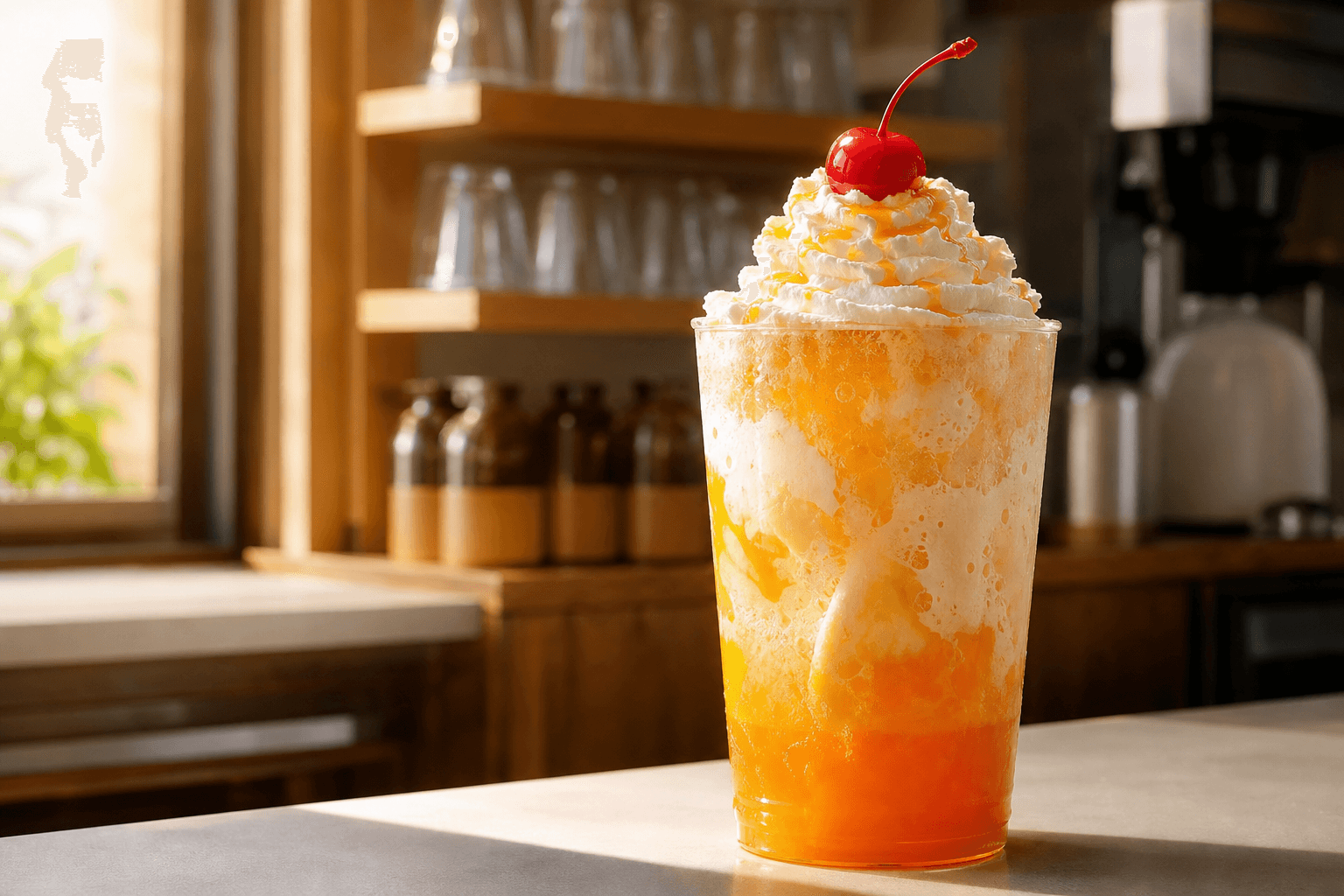 Orange cream float with whipped cream and cherry