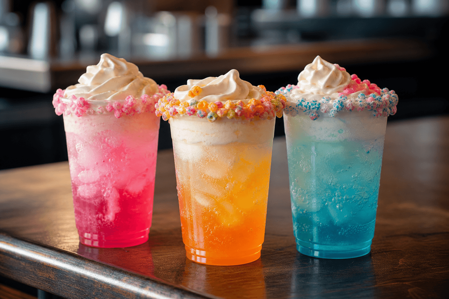 Three colorful dirty sodas with cream tops and candy rims