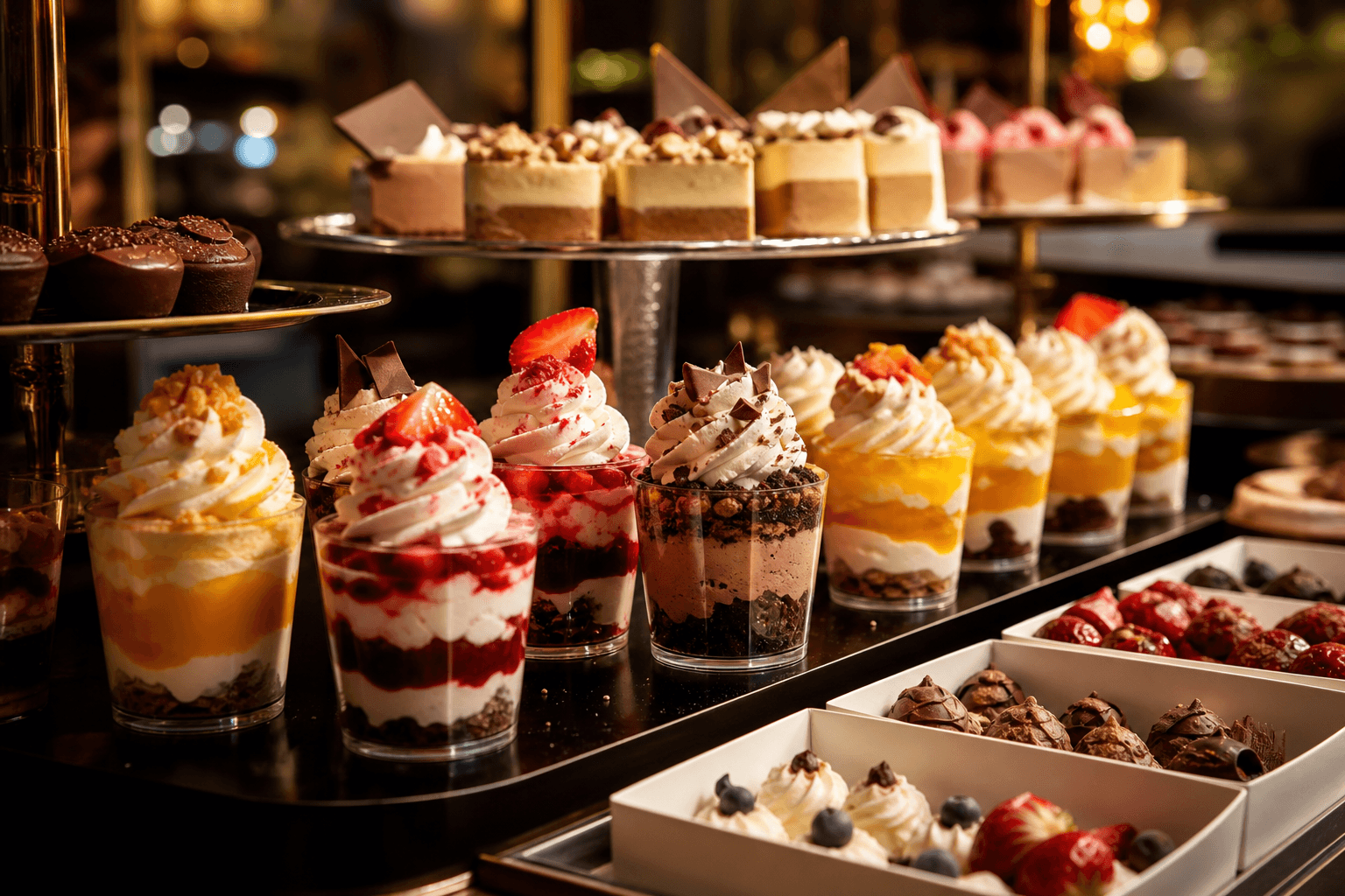 Colorful dessert cups with whipped cream and toppings