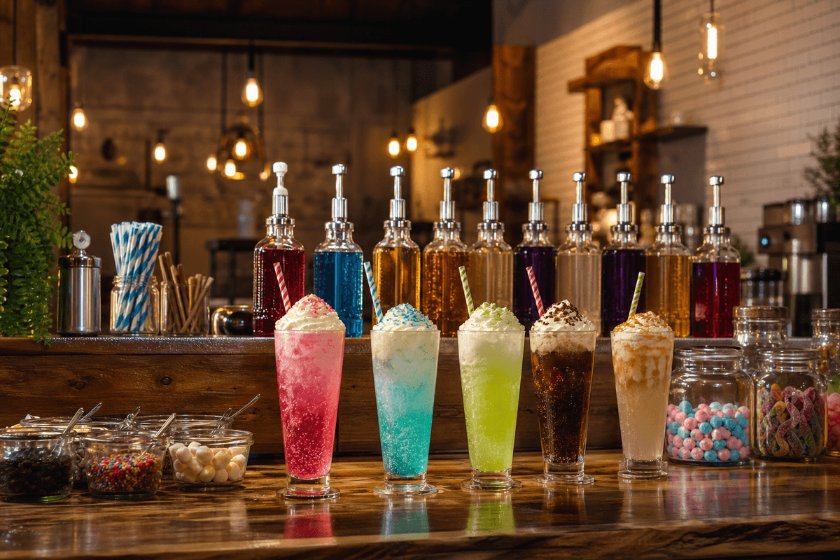 Colorful dirty sodas and syrup bar at The Sandwich Shop