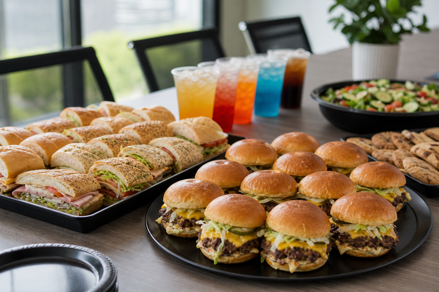 Catering spread with sandwiches, burgers, and dirty sodas