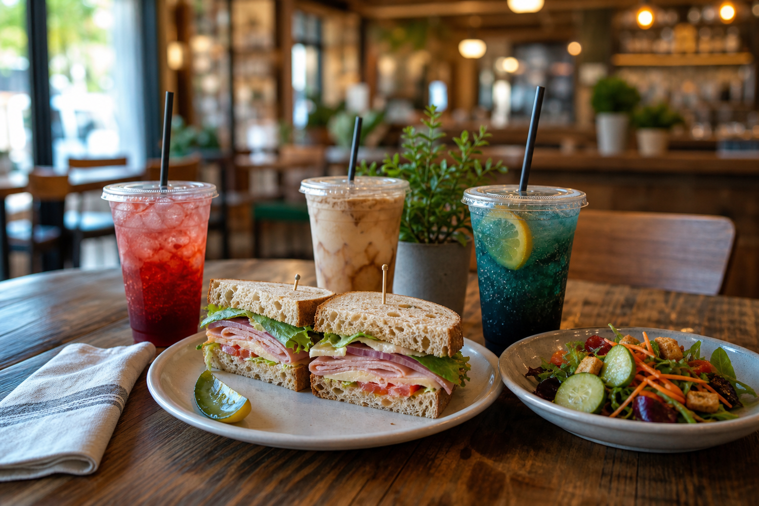 Cozy dine-in table with sandwiches and dirty sodas in a warm downtown café