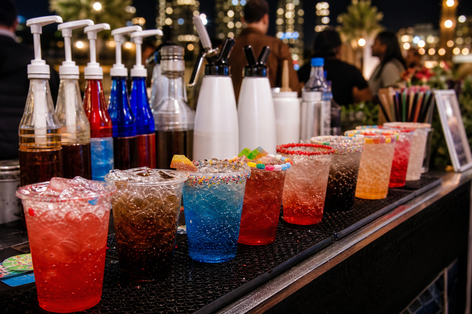 Dirty soda bar setup at an event with colorful custom drinks